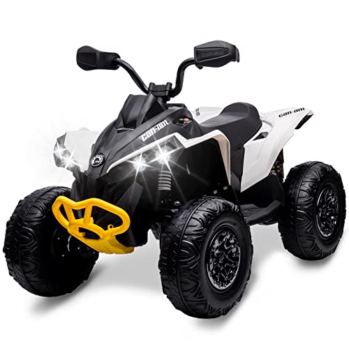 Hetoy Kids ATV, 12V Ride on Toy Car Bombardier Licensed BRP Can-am 4 Wheeler Quad Electric Vehicle, w/LED Lights, Bluetooth, Music, USB, Treaded Tires, Best Gifts for 3-8 Year Old Boys Girls, White