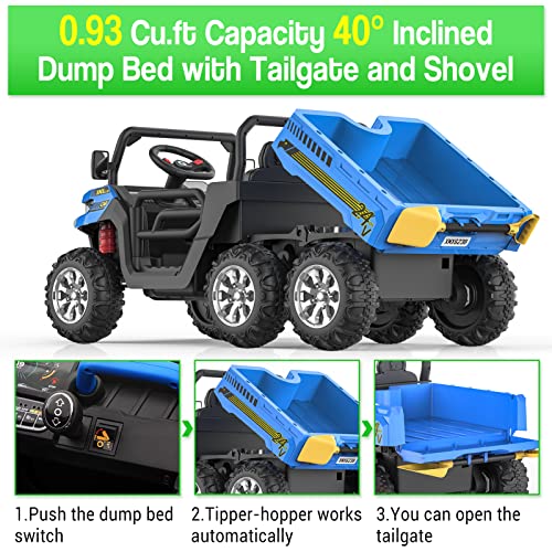 Ride On Dump Truck for Kids Ride On Car with Remote Control Electric UTV Vehicles with Electric Dump Bed, 4WD Power Ride-on 6 Wheels Ride On Toys for Boys Girls (Blue)
