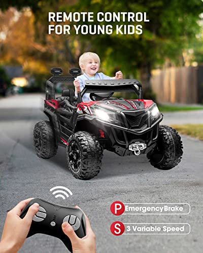 ANPABO 24V 4X4 Ride on Car Truck w/Remote Control, 4WD/2WD Switchable Kids UTV, 19" Spacious Seat, 4 Shock Absorbers, Soft Start, Music Player, Electric Car for Kids Ages 3+-Red
