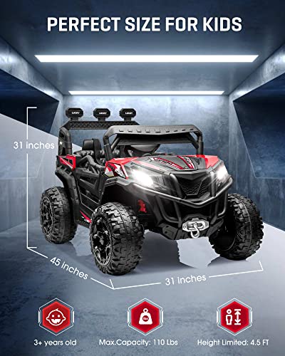 ANPABO 24V 4X4 Ride on Car Truck w/Remote Control, 4WD/2WD Switchable Kids UTV, 19" Spacious Seat, 4 Shock Absorbers, Soft Start, Music Player, Electric Car for Kids Ages 3+-Red