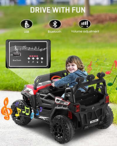 ANPABO 24V 4X4 Ride on Car Truck w/Remote Control, 4WD/2WD Switchable Kids UTV, 19" Spacious Seat, 4 Shock Absorbers, Soft Start, Music Player, Electric Car for Kids Ages 3+-Red