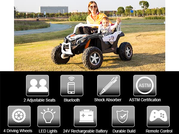 Nitoess 2023 New XXXL 24V Ride on UTV for Kids 2 Seater, 4x4 Ride On Buggy Power 2WD/4 Wheeler 380W Motor with Remote Control, 3-12yrs Electric car w/EVA Rubber Tires Bluetooth/AUX/TF Slot(White)