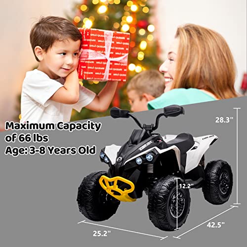 Hetoy Kids ATV, 12V Ride on Toy Car Bombardier Licensed BRP Can-am 4 Wheeler Quad Electric Vehicle, w/LED Lights, Bluetooth, Music, USB, Treaded Tires, Best Gifts for 3-8 Year Old Boys Girls, White