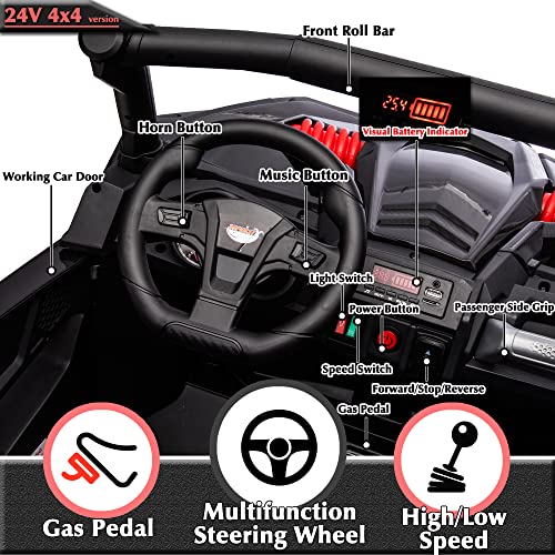 sopbost 24V 4WD 2-Seater Kids Electric Vehicle 4X4 Battery Powered Off-Road 4 Wheeler Ride On Toy Car for Boys Girls to Drive, Remote Control, 2 Speed, Music Play, Black