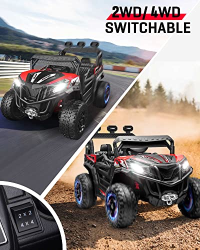 ANPABO 24V 4X4 Ride on Car Truck w/Remote Control, 4WD/2WD Switchable Kids UTV, 19" Spacious Seat, 4 Shock Absorbers, Soft Start, Music Player, Electric Car for Kids Ages 3+-Red