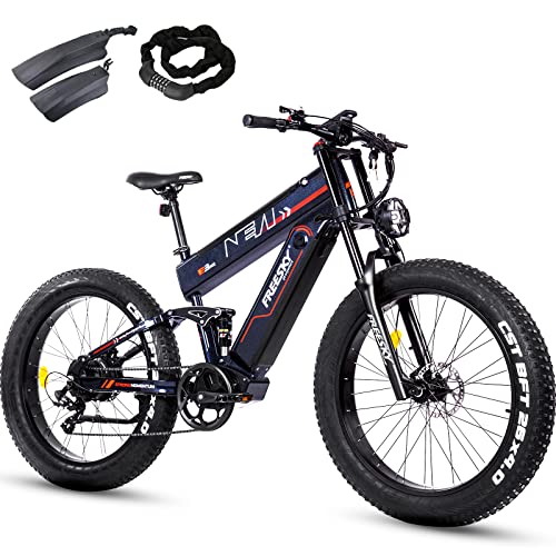 FREESKY Electric Bike for Adults, 1000W BAFANG Motor Dual Battery 26”Fat Tire Electric Bike, Full Suspension Dual Hydraulic Brakes E Mountain Bike 35mph 60-110 Miles Long Range Fast Ebikes