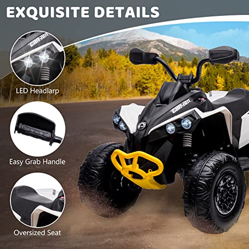 Hetoy Kids ATV, 12V Ride on Toy Car Bombardier Licensed BRP Can-am 4 Wheeler Quad Electric Vehicle, w/LED Lights, Bluetooth, Music, USB, Treaded Tires, Best Gifts for 3-8 Year Old Boys Girls, White