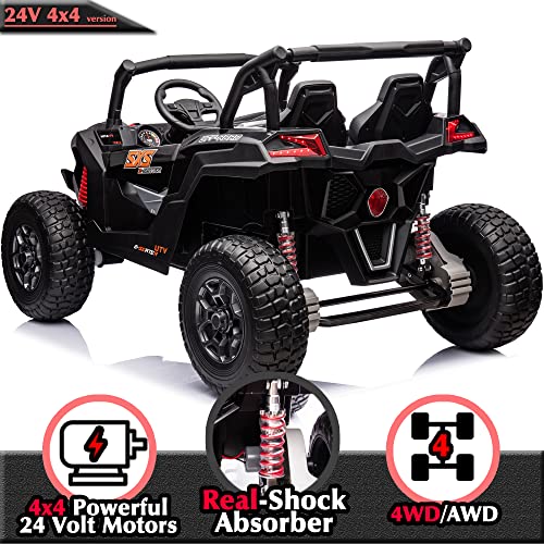 sopbost 24V 4WD 2-Seater Kids Electric Vehicle 4X4 Battery Powered Off-Road 4 Wheeler Ride On Toy Car for Boys Girls to Drive, Remote Control, 2 Speed, Music Play, Black
