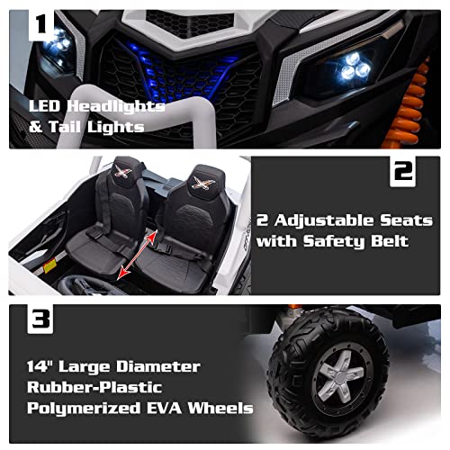 Nitoess 2023 New XXXL 24V Ride on UTV for Kids 2 Seater, 4x4 Ride On Buggy Power 2WD/4 Wheeler 380W Motor with Remote Control, 3-12yrs Electric car w/EVA Rubber Tires Bluetooth/AUX/TF Slot(White)