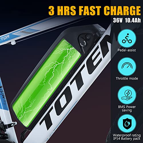 Totem Electric Bike for Adults 26”, Electric Mountain Bicycle 350W Motor, 20MPH Victor 2.0 with 36V 10.4Ah Removable Battery, E-MTB with Shimano 21 Speed Gears, Upgraded Adjustable stem-White