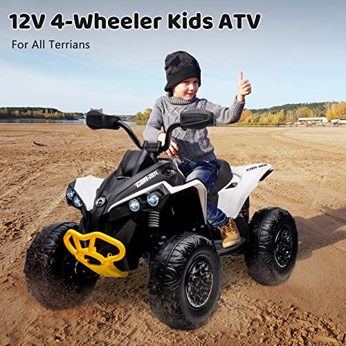 Hetoy Kids ATV, 12V Ride on Toy Car Bombardier Licensed BRP Can-am 4 Wheeler Quad Electric Vehicle, w/LED Lights, Bluetooth, Music, USB, Treaded Tires, Best Gifts for 3-8 Year Old Boys Girls, White