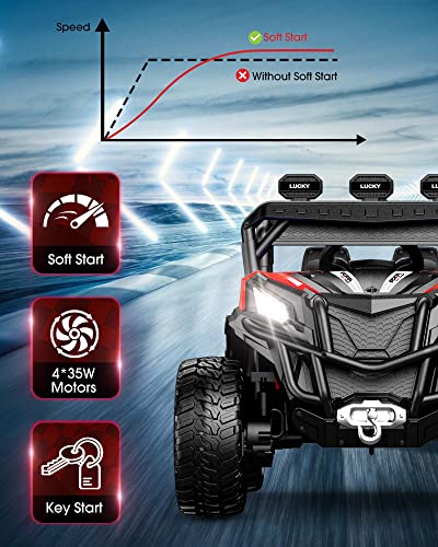 ANPABO 24V 4X4 Ride on Car Truck w/Remote Control, 4WD/2WD Switchable Kids UTV, 19" Spacious Seat, 4 Shock Absorbers, Soft Start, Music Player, Electric Car for Kids Ages 3+-Red