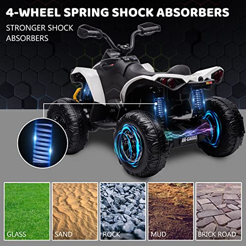 Hetoy Kids ATV, 12V Ride on Toy Car Bombardier Licensed BRP Can-am 4 Wheeler Quad Electric Vehicle, w/LED Lights, Bluetooth, Music, USB, Treaded Tires, Best Gifts for 3-8 Year Old Boys Girls, White