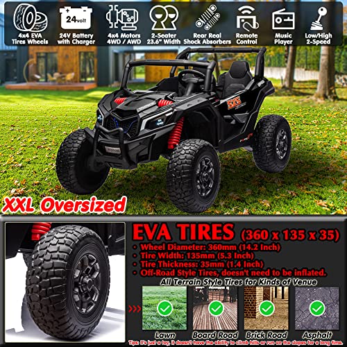 sopbost 24V 4WD 2-Seater Kids Electric Vehicle 4X4 Battery Powered Off-Road 4 Wheeler Ride On Toy Car for Boys Girls to Drive, Remote Control, 2 Speed, Music Play, Black