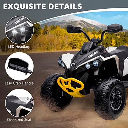 Hetoy Kids ATV, 12V Ride on Toy Car Bombardier Licensed BRP Can-am 4 Wheeler Quad Electric Vehicle, w/LED Lights, Bluetooth, Music, USB, Treaded Tires, Best Gifts for 3-8 Year Old Boys Girls, White