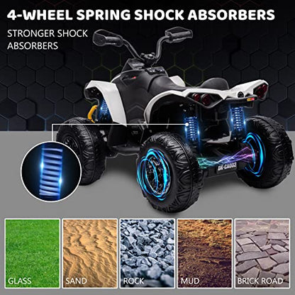 Hetoy Kids ATV, 12V Ride on Toy Car Bombardier Licensed BRP Can-am 4 Wheeler Quad Electric Vehicle, w/LED Lights, Bluetooth, Music, USB, Treaded Tires, Best Gifts for 3-8 Year Old Boys Girls, White