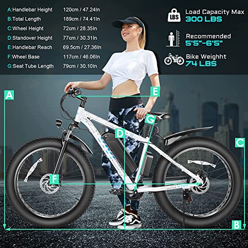 Vivi F26F Electric Bike 26" x 4.0 Fat Tire 500W Electric Bike for Adults, Electric Mountain Bike with 48V 13Ah Removable Battery Shimano 7 Speed 25MPH Up to 50 Miles for Commuting, Beach, Snow
