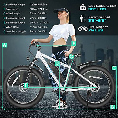 Vivi F26F Electric Bike 26" x 4.0 Fat Tire 500W Electric Bike for Adults, Electric Mountain Bike with 48V 13Ah Removable Battery Shimano 7 Speed 25MPH Up to 50 Miles for Commuting, Beach, Snow