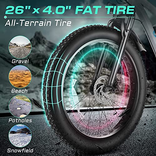 Vivi F26F Electric Bike 26" x 4.0 Fat Tire 500W Electric Bike for Adults, Electric Mountain Bike with 48V 13Ah Removable Battery Shimano 7 Speed 25MPH Up to 50 Miles for Commuting, Beach, Snow